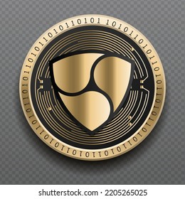 Nem (XEM) cryptocurrency golden coin isolated in transparent background. Virtual currency token symbol vector illustration based on cryptography and block chain technology.