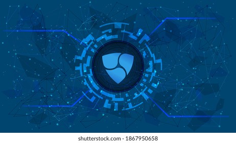 Símbolo Nem XEM en un círculo digital sobre fondo azul poligonal. Icono de moneda de criptodivisa. Oro digital para sitio web o banner. Copiar espacio. Vector.