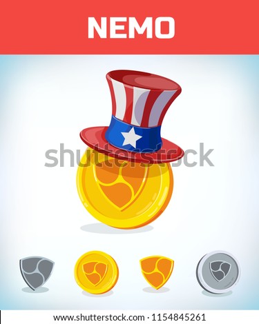 nemo in American hat. nemo. Digital currency. Crypto currency. Money and finance symbol. Miner bit coin criptocurrency. Virtual money concept. Cartoon Vector illustration.