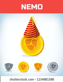 nemo in birthday hat. nemo. Digital currency. Crypto currency. Money and finance symbol. Miner bit coin criptocurrency. Virtual money concept. Cartoon Vector illustration.