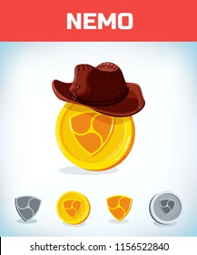 nemo in cowboy hat. nemo. Digital currency. Crypto currency. Money and finance symbol. Miner bit coin criptocurrency. Virtual money concept. Cartoon Vector illustration.