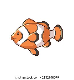 Nemo fish, pixel art symbol isolated on a white background. Pet. Popular aquarium fish. Old school 8 bit slot machine icon. 80s retro; 90's video game graphics