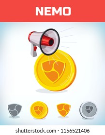 nemo with megaphone. nemo. Digital currency. Crypto currency. Money and finance symbol. Miner bit coin criptocurrency. Virtual money concept. Cartoon Vector illustration.