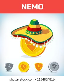 nemo in mexican hat. nemo. Digital currency. Crypto currency. Money and finance symbol. Miner bit coin criptocurrency. Virtual money concept. Cartoon Vector illustration.