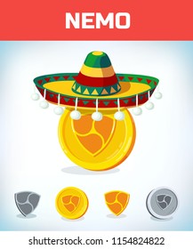 nemo in mexican hat. nemo. Digital currency. Crypto currency. Money and finance symbol. Miner bit coin criptocurrency. Virtual money concept. Cartoon Vector illustration.