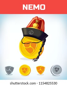 nemo in orean hat. nemo. Digital currency. Crypto currency. Money and finance symbol. Miner bit coin criptocurrency. Virtual money concept. Cartoon Vector illustration.