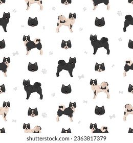 Nenets Herding Laika seamless pattern. All coat colors set.; All dog breeds characteristics infographic. Vector illustration