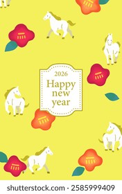 Nengajo 2026 Vertical Illustration of a lovely horse and camellia.
