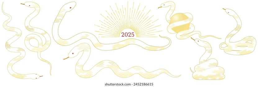 Nengajo (New Year's card) material for the year of the Snake 2025, set of poses of a white snake with Japanese pattern, Vector Illustration