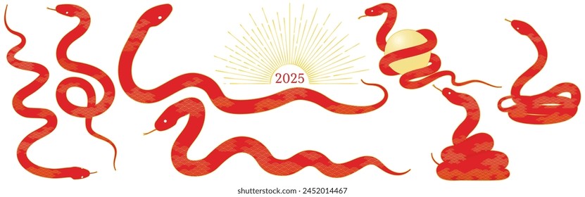 Nengajo (New Year's greeting card) material for the year of the snake 2025, set of poses of a red snake with Japanese pattern, Vector Illustration