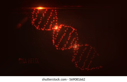 Nenon dna helix consist of glowing particles . Randomly located flashes of light . Abstract object with lens flare effect and bokeh . Science and technology concept , Vector illustration .