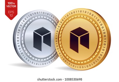Neo. 3D isometric Physical coins. Digital currency. Cryptocurrency. Golden and silver coins with neo symbol isolated on white background. Vector illustration