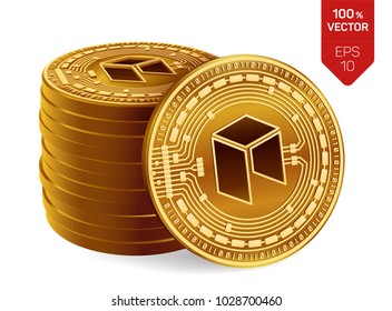 Neo. 3D isometric Physical coins. Digital currency. Cryptocurrency. Stack of golden coins with Neo symbol isolated on white background. Stock vector illustration
