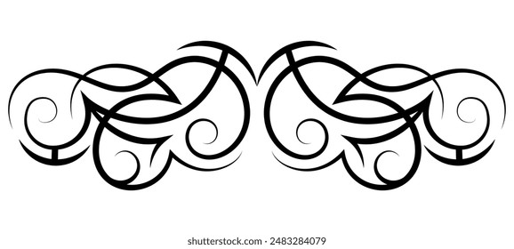 Neo abstract tribal tattoo. Horizontal black shoulder tattoo. Cyber sigilism style hand drawn ornament. Celtic gothic body ornament shape. Maori curl ethnic figure isolated on white background