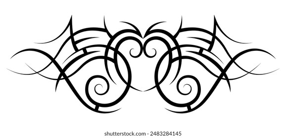 Neo abstract tribal tattoo. Horizontal black shoulder tattoo. Cyber sigilism style hand drawn ornament. Celtic gothic sleeve with heart shapes. Maori ethnic sign isolated on white backdrop. Sketch art
