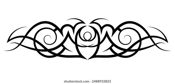 Neo abstract tribal tattoo. Horizontal black shoulder tattoo. Cyber sigilism style hand drawn ornament. Celtic gothic sleeve ornament shapes. Maori ethnic sign isolated on white backdrop. Sketch art