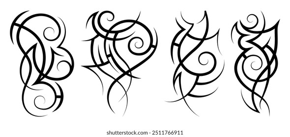 Neo abstract tribal tattoo set. Vertical black shoulder tattoo. Cyber sigilism style hand drawn ornament. Celtic gothic sleeve ornament shapes. Maori curl ethnic signs isolated on white background