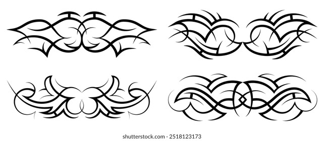 Conjunto de tatuagem tribal Neo abstrata. Tatuagem horizontal de ombro preto. Cyber sigilismo estilo ornamento desenhado à mão. Formas de ornamento de corpo gótico celta. Sinais étnicos maori isolados no fundo branco. Esboço