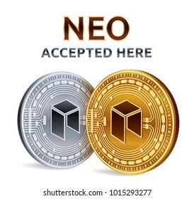 NEO. Accepted sign emblem. Crypto currency. Golden and silver coins with NEO symbol isolated on white background. 3D isometric Physical coins with text Accepted Here. Stock vector illustration