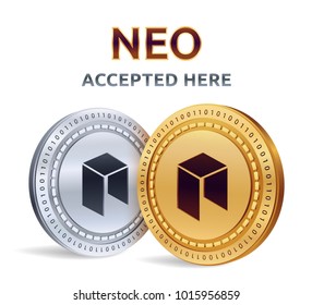 NEO. Accepted sign emblem. Crypto currency. Golden and silver coins with NEO symbol isolated on white background. 3D isometric Physical coins with text Accepted Here. Stock vector illustration