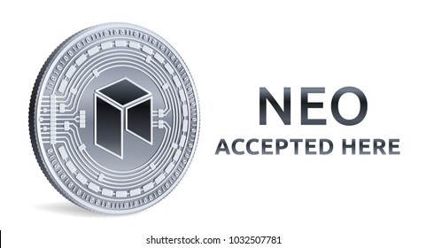 NEO. Accepted sign emblem. Crypto currency. Silver coin with NEO symbol isolated on white background. 3D isometric Physical coin with text Accepted Here. Stock vector illustration.