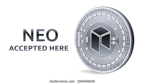 NEO. Accepted sign emblem. Crypto currency. Silver coin with NEO symbol isolated on white background. 3D isometric Physical coin with text Accepted Here. Stock vector illustration.