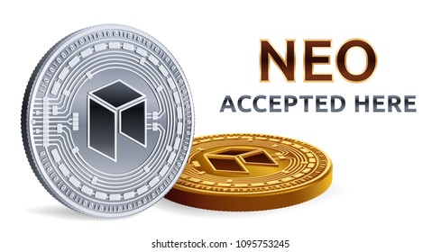 NEO. Accepted sign emblem. Crypto currency. Golden and silver coins with NEO symbol isolated on white background. 3D isometric Physical coins with text Accepted Here. Stock vector illustration.