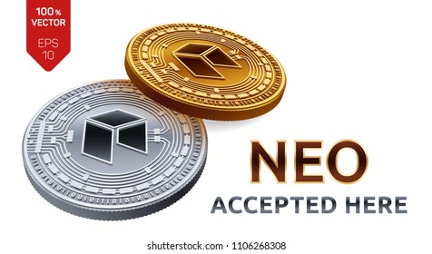 NEO. Accepted sign emblem. Crypto currency. Golden and silver coins with NEO symbol isolated on white background. 3D isometric Physical coins with text Accepted Here. Stock vector illustration.