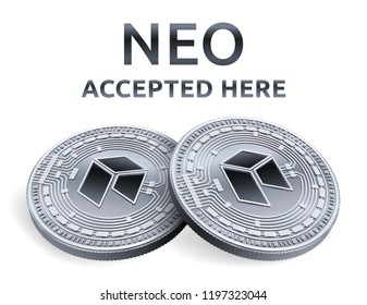 NEO. Accepted sign emblem. Crypto currency. Silver coins with NEO symbol isolated on white background. 3D isometric Physical coins with text Accepted Here. Stock vector illustration.