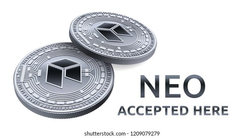 NEO. Accepted sign emblem. Crypto currency. Silver coins with NEO symbol isolated on white background. 3D isometric Physical coins with text Accepted Here. Stock vector illustration.