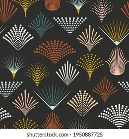 Neo art deco seamless pattern design  with colorful elements on dark background