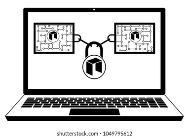 neo block chain technology on a screen laptop   ,disign concept  black and white with security lock