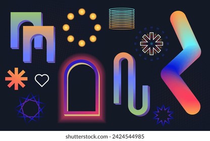 Neo brutalism elements with neon glow. Neo memphis, vaporwave set. Retro futuristic y2k different shapes and figures. Cyber neo futuristic style 80s 90s abstract style isolated on dark