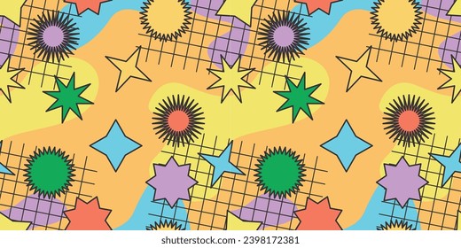 Neo brutalism seamless pattern. Creative abstract squiggle style drawing background for children or trendy design with basic shapes. Simple childish scribble wallpaper print.
