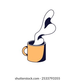 Icono de estilo neobrutalismo de taza con bebida caliente, agua. Taza de café o té con humo aromático. Taza de té de bebida caliente con vapor, vapor. Ilustración vectorial aislada plana sobre fondo blanco