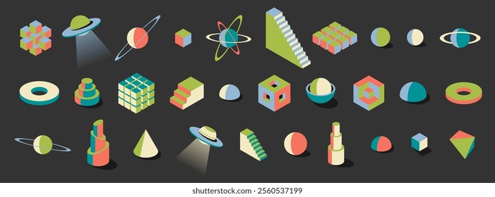 Neo brutalist vibrant abstract 3D forms with retro aesthetic. Includes cubes, planets and UFO shapes. Perfect for creating modern posters, trendy wall art or colorful design templates