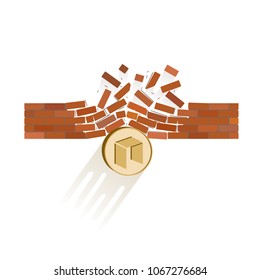 neo coin breaks through the wall resistance on a white background , the price of crypto currency is rising , vector image design concept  