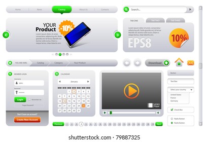 Neo Cool Gray and Green Website Design Elements: Buttons, Form, Slider, Scroll, Icons, Tab, Menu, Navigation Bar, Bread crumbs, Video player