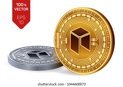 Neo. Crypto currency. 3D isometric Physical coins. Digital currency. Golden and silver coins with neo symbol isolated on white background. Vector illustration.