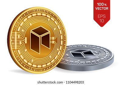 Neo. Crypto currency. 3D isometric Physical coins. Digital currency. Golden and silver coins with neo symbol isolated on white background. Vector illustration.
