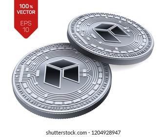 Neo. Crypto currency. 3D isometric Physical coins. Digital currency. Silver coins with neo symbol isolated on white background. Vector illustration.