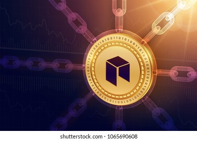 Neo. Crypto currency. Block chain. 3D isometric Physical Neo coin with wireframe chain. Blockchain concept. Editable Cryptocurrency template. Stock vector illustration.