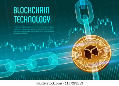 Neo. Crypto currency. Block chain. 3D isometric Physical golden Neo coin with wireframe chain on blue financial background. Blockchain concept. Editable Cryptocurrency template. Vector illustration.