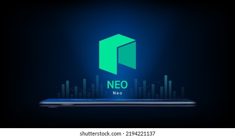 Neo crypto currency token symbol come out from smartphone. Coin icon on dark background. Trading cryptocurrency in stock market on application. For website or banner. Vector illustrator.