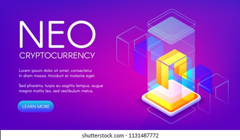 NEO cryptocurrency vector illustration for peer-to-peer blockchain platform and mining farm technology. Isometric digital crypto currency of NEO bit coin or token sign on purple ultraviolet background