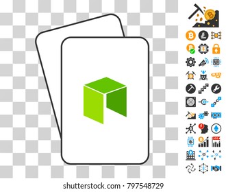Neo Currency gambling cards pictograph with bonus bitcoin mining and blockchain symbols. Flat vector icons for crypto-currency toolbars.