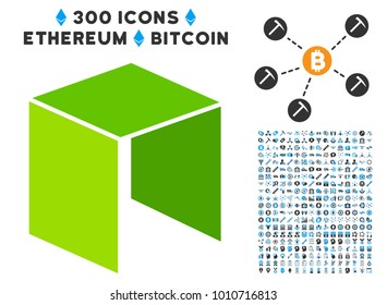Neo Currency pictograph with 3 hundred additional bitcoin mining design elements. Vector illustration style is flat iconic symbols designed for cryptocurrency trading apps.