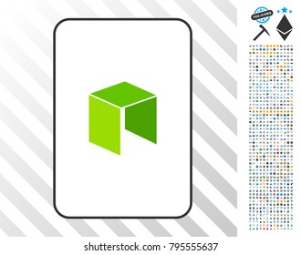 Neo Currency playing card icon with 7 hundred bonus bitcoin mining and blockchain images. Flat vector style for gambling and cryptocurrency apps.