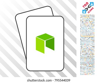 Neo Currency playing cards icon with 7 hundred bonus bitcoin mining and blockchain design elements. Flat vector clip art for gambling and crypto currency software.