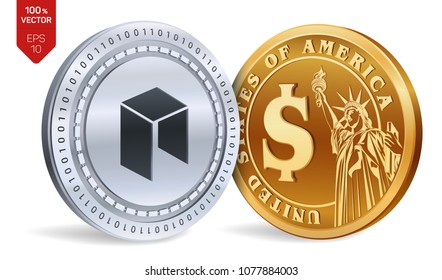 Neo. Dollar coin. 3D isometric Physical coins. Digital currency. Cryptocurrency. Golden and silver coins with Neo and Dollar symbol isolated on white background. Vector illustration.